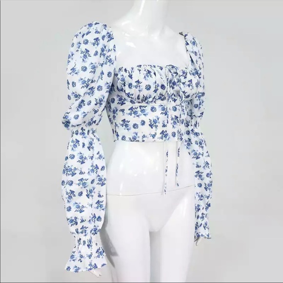 Blue Floral Print Puff Sleeve Top, New - Picture 7 of 9